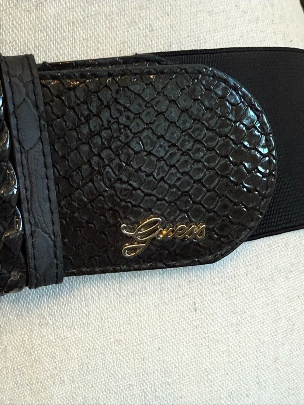 Guess Black Stretch Waist Belt Faux Snakeskin Wide Elastic Belt M/L